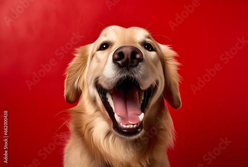 Portrait of a happy smiling golden retriever on a red background © fraudiana