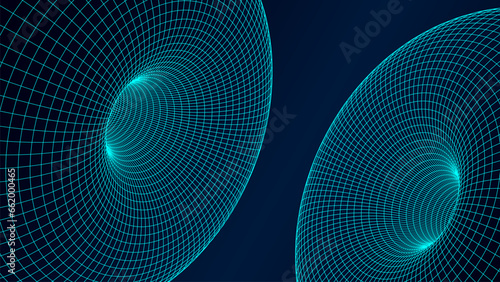 Two abstract textures of frame wormhole. 3D futuristic grid portal hole or donut background. For website and banner design. Big data visualization. Vector illustration.