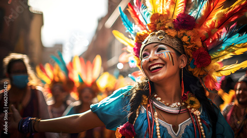 woman celebrating the Bolivian carnival, dancing with her colorful and feather mask, Latin American culture and tradition, street carnival, typical Bolivian clothing, native and aboriginal festivals photo