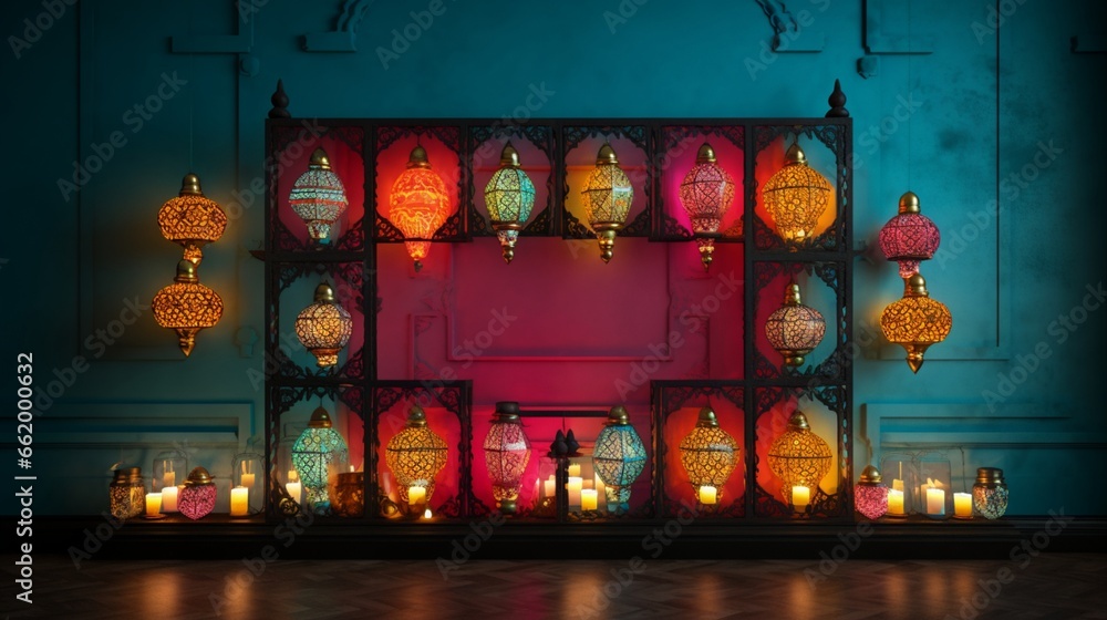 A colorful Diwali wall mockup illuminated with diyas (oil lamps) and ornate frames, capturing the spirit of the Festival of Lights.