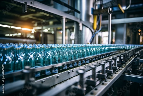 Conveyor: aluminium bottles being filled. Generative AI