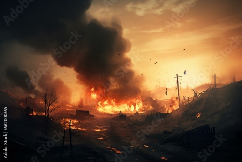 Destructed battleground with burning landscape  polluted air  black smoke  and flames in an intense illustration. Generative AI