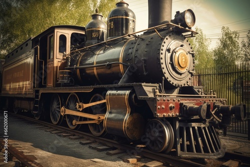 An antique locomotive, historical mode of transportation. Generative AI