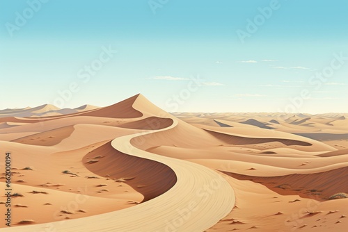 Illustration of a winding road fading into the horizon in a desert of dunes and sand  with clear blue sky  viewed from above. Generative AI