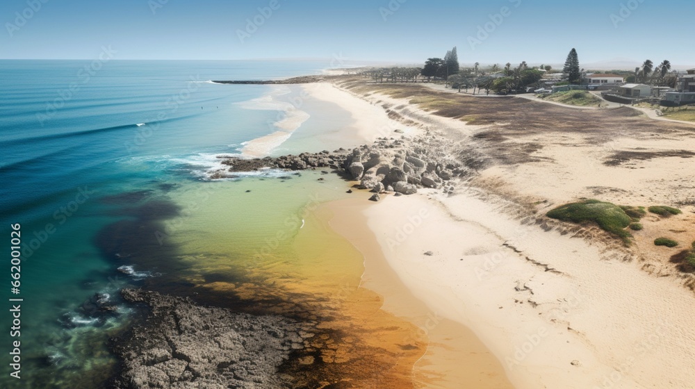 A composite image showing the contrast between a pristine beach and one affected by thermal pollution, emphasizing the impact on coastal ecosystems.