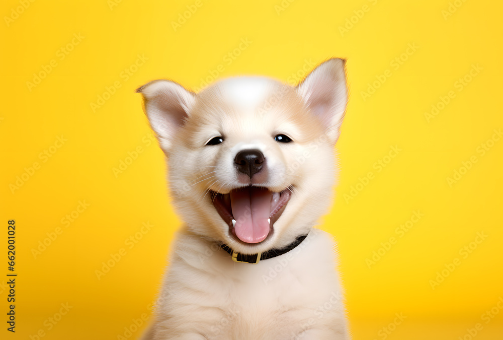 Portrait of a happy smiling puppy on a yellow background Portrait of a happy smiling puppy on a yellow background