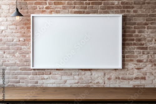 White marker board on a brick wall in loft style, empty wooden table, and a whiteboard on a brick wall, clean white canvas in a loft-style room.
