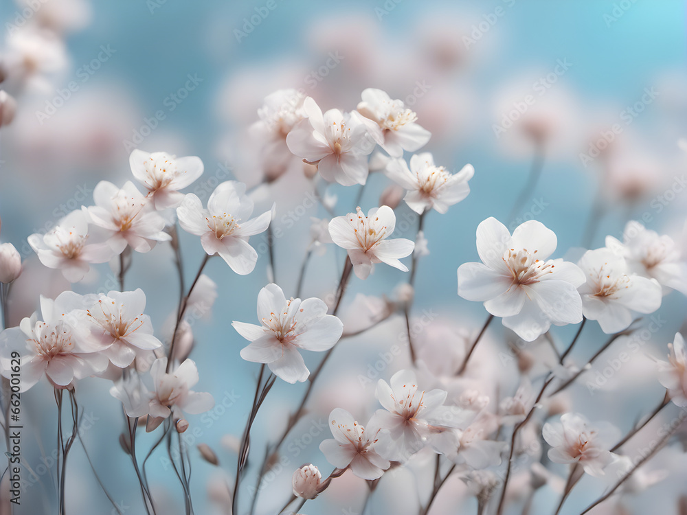 Delicate White Flowers on Soft Blue and Pink Outdoor Background. generative AI Delicate White Flowers on Soft Blue and Pink Outdoor Background. generative AI