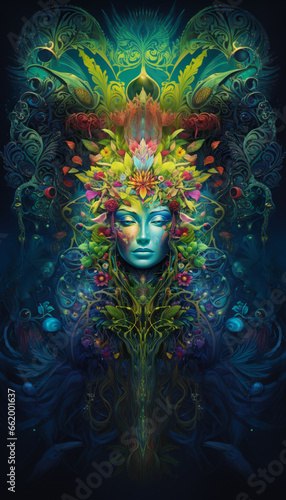 Mother Gaia Mystical Visionary Art of Ethereal Humanoid Face Amid Radiant Hues