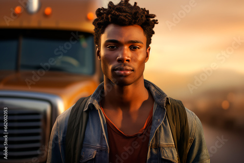 Handsome African truck driver on the background of a truck on the road. The profession of truck driver. © Uliana