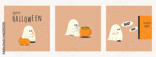 set of Halloween stickers, postcards in a minimalistic cartoon doodle style with a cute spooky in different poses and emotions, isolated.The ghost brews a potion, goes to a party.Vector illustration.