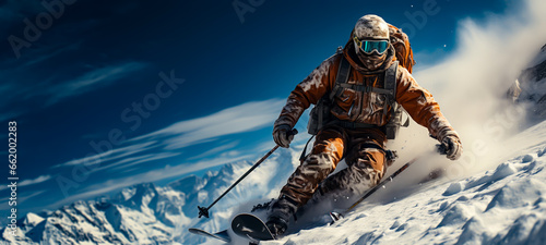 person on the skis on a snowy slope, extreme winter sports