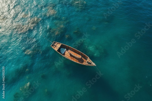 Aerial view of a boat on the water. Generative AI © Rafaela