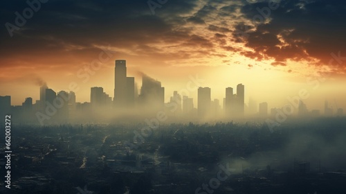 A dense smog engulfing an urban skyline, highlighting air pollution. © Bea