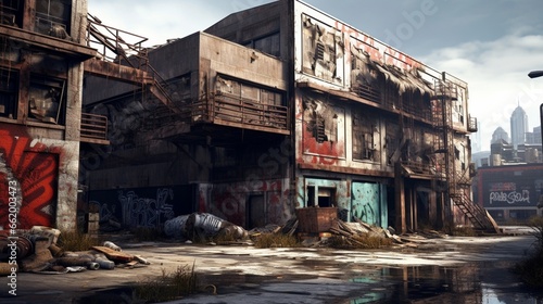 A dilapidated building in an industrial area, representing urban decay due to pollution. © Bea