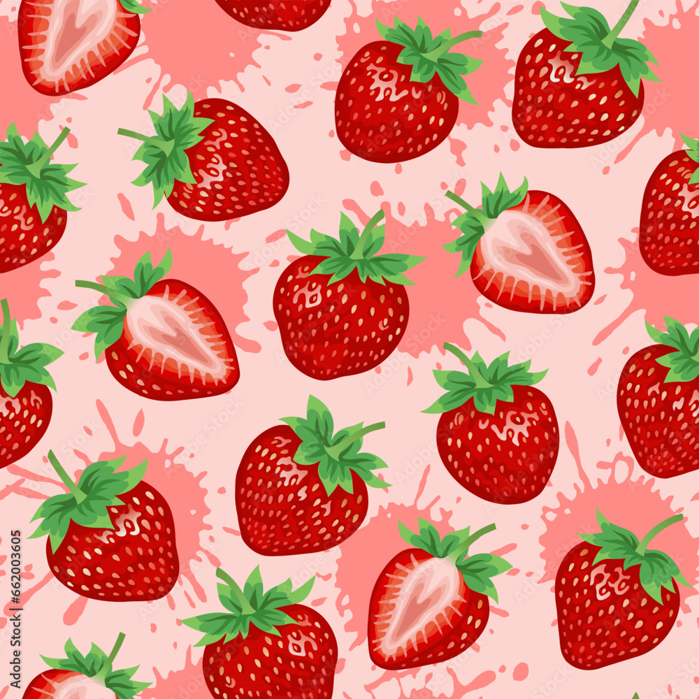 Strawberry. Strawberry seamless pattern on a pink background. Summer strawberries and juicy blots. The design is great for wallpaper, fabric, labels, packaging. Strawberry. Strawberry seamless pattern on a pink background. Summer strawberries and juicy blots. The design is great for wallpaper, fabric, labels, packaging.