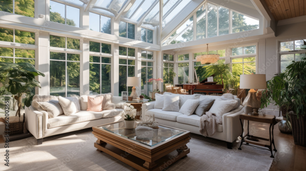 A bright, friendly living room with large windows through which sunlight shines a