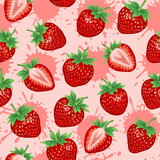 Strawberry. Strawberry seamless pattern on a pink background. Summer strawberries and juicy blots. The design is great for wallpaper, fabric, labels, packaging.