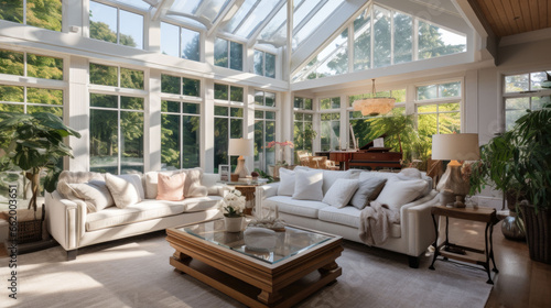 A bright, friendly living room with large windows through which sunlight shines a © jr-art