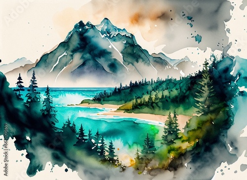 watercolor mountains, watercolor mountains, sea and forest, watercolor landscapes, mountain pictures