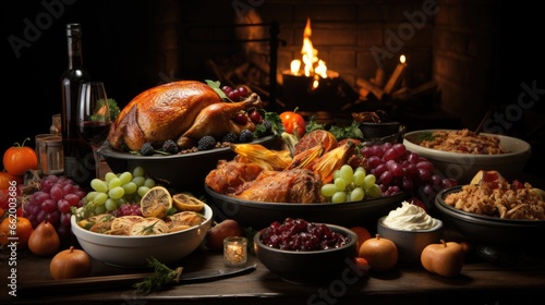 Traditional Thanksgiving dinner table with roasted turkey