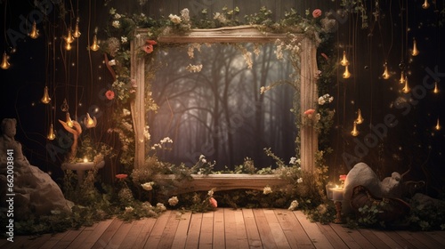A dreamy Midsummer Night's Dream wall mockup with fairy lights and a whimsical frame, perfect for enchanting seasonal art. photo