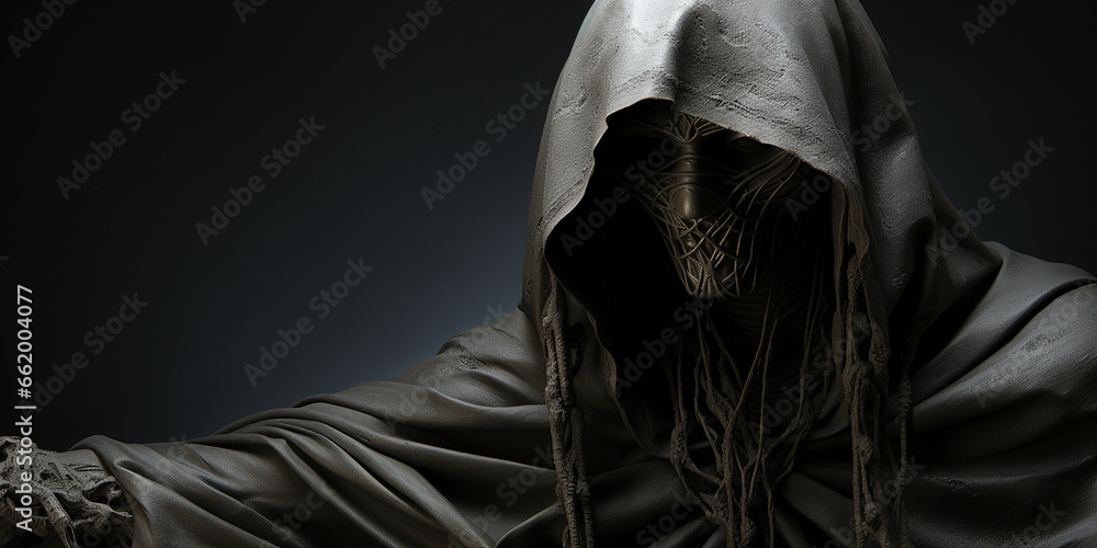 Mann mit schwarzer Gesichtsmaske und dunklen Umhang im düsteren dunklen Licht im Querformat als Banner, ai generativ - obrazy, fototapety, plakaty 