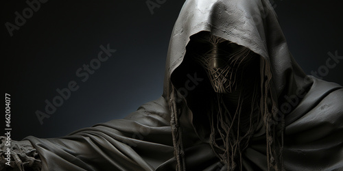 Foto Mann mit schwarzer Gesichtsmaske und dunklen Umhang im düsteren dunklen Licht im