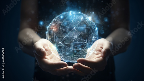 Clasped hands cradling a crystalline Earth globe, with a circular network representing worldwide connections. Embracing the ideas of energy and ecological sustainability while safeguarding the planet 