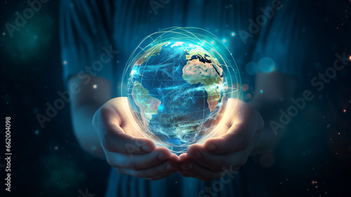 Clasped hands cradling a crystalline Earth globe, with a circular network representing worldwide connections. Embracing the ideas of energy and ecological sustainability while safeguarding the planet 