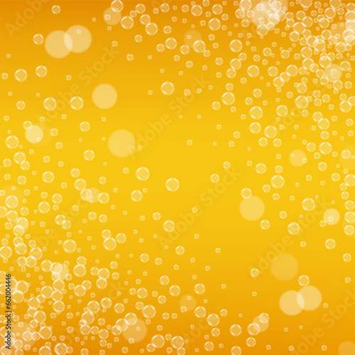 Craft beer background. Lager splash. Oktoberfest foam. Festive pint of ale with realistic bubbles. Cool liquid drink for restaurant. Gold menu design. Orange bottle for beer background.