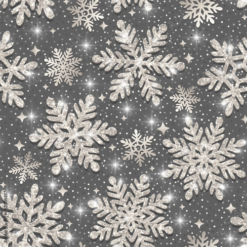 Christmas seamless pattern with snowflakes. Silver glitter texture. Winter background. Shining silver snowflakes on a gray background.