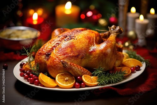 Christmas turkey dinner. Belek turkey garnished with red berries and sage leaves.