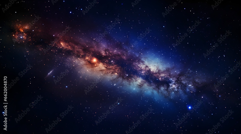 Naklejka premium colorful image of stars and red light in the space, in the style of dark sky-blue and black, soft edges and atmospheric effects, light red and dark indigo, light turquoise and dark crimson