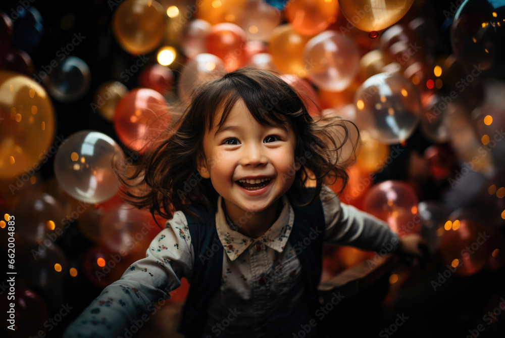 Happy, smiling, running little girl against the background of balloons