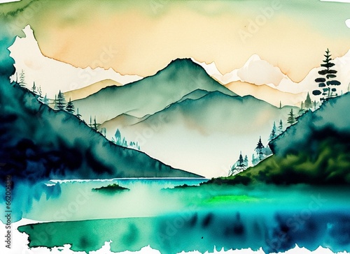 watercolor mountains, watercolor mountains, sea and forest, watercolor landscapes, mountain pictures © yogia10
