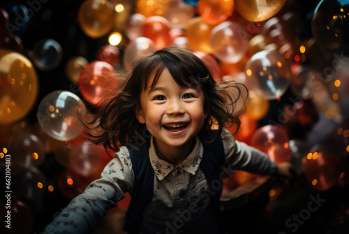 Happy, smiling, running little girl against the background of balloons