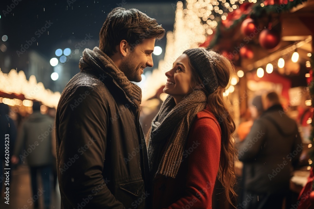 young happy couple on Christmas street, enjoying the holiday