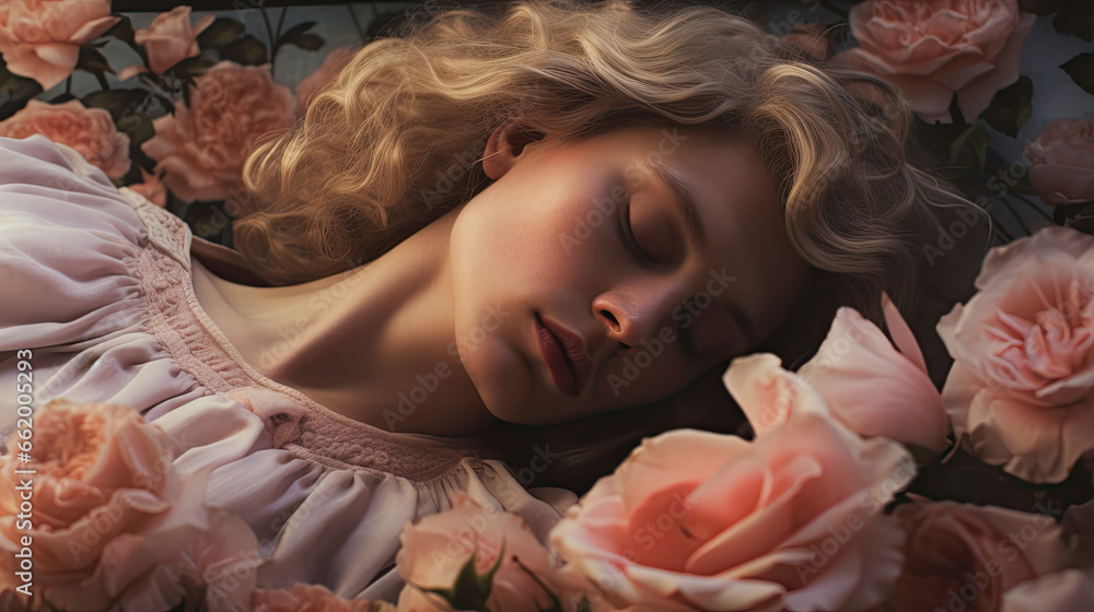 Couple in roses flowers field lying on grass meadow, young man and woman in pink dress, head to head in flowers Couple in roses flowers field lying on grass meadow, young man and woman in pink dress, head to head in flowers