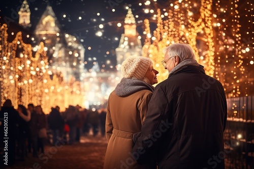 Two elderly people, a woman and a man, enjoy Christmas decorations