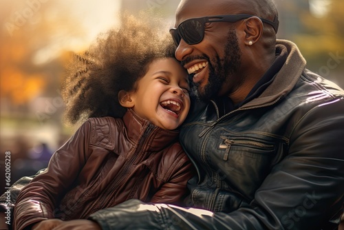 Portrait, happy father and boy smile in garden fun, vacation and break in summer happiness together. Black man and child smile, love and hug outdoor bonding free time on a sunny day in the park #662005228