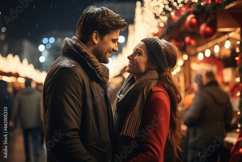 young happy couple on Christmas street, enjoying the holiday