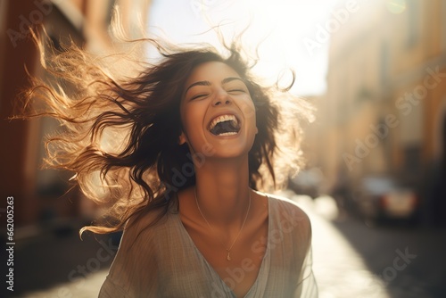 Portrait of overjoyed attractive woman standing with excited expression, raising fists, screaming, shouting yeah, celebrating her victory, success photo
