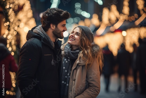 young happy couple on Christmas street, enjoying the holiday