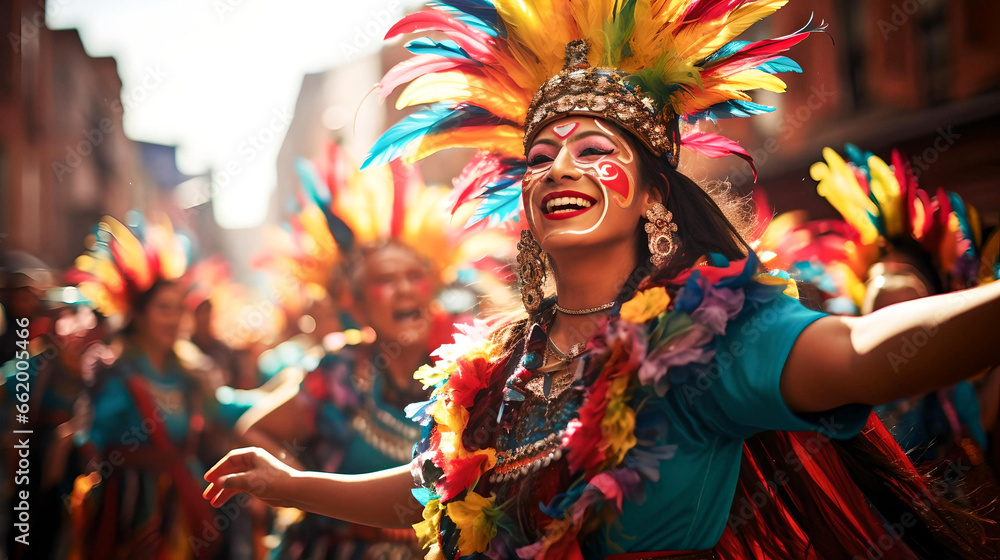 Fototapeta premium woman celebrating the Bolivian carnival, dancing with her colorful and feather mask, Latin American culture and tradition, street carnival, typical Bolivian clothing, native and aboriginal festivals