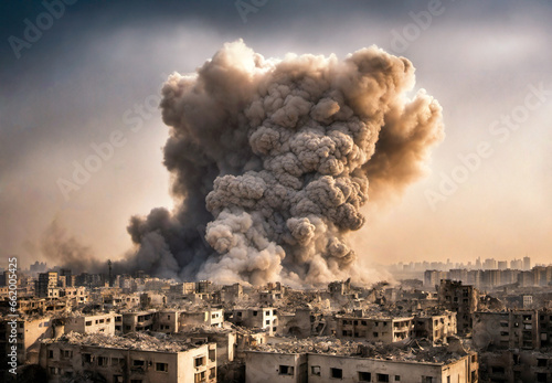 photo-realistic image of a large explosion in a city. The explosion is a large cloud of smoke and debris that is rising up from the ground.