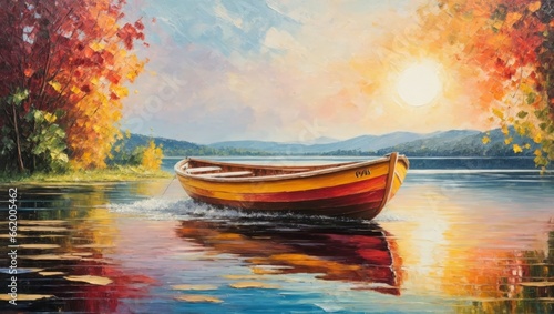 Wooden boat on calm waters and bright spring trees, sunset