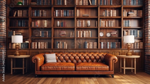 Photo of a cozy leather couch with a bookshelf backdrop