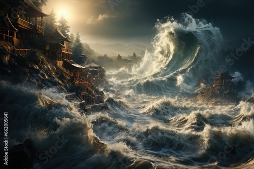 Awe-inspiring power of massive tsunami waves crashing in the ocean