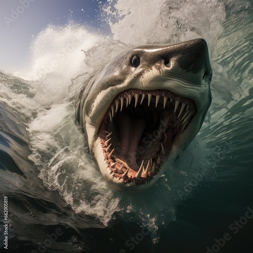 Intensity of a massive shark navigating through towering waves